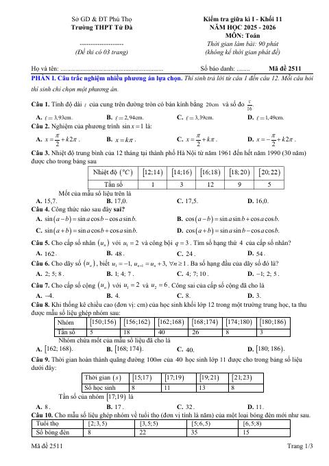 Đề thi Giữa kì 1 Toán 11 năm 2025-2026 trường THPT Tử Đà (Phú Thọ)